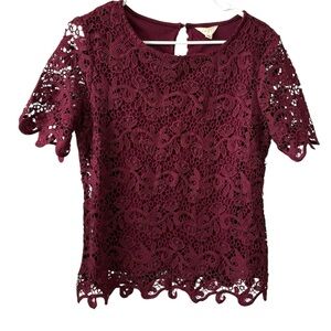 Adiva Burgundy Crochet Overlay Short Sleeve Blouse Size Medium